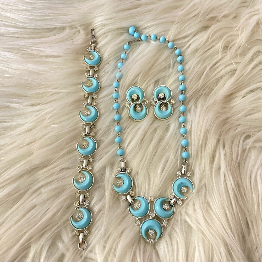 Vintage KRAMER blue moon rhinestones necklace bracelet earrings beaded silver